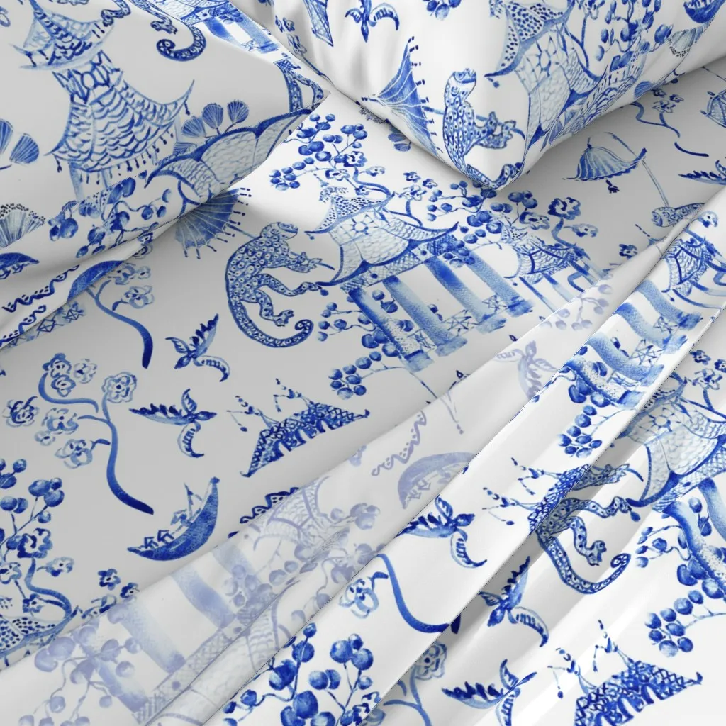 Hand Painted Watercolor Chinoiserie Twin XL Sheet Set - Blue alternate view
