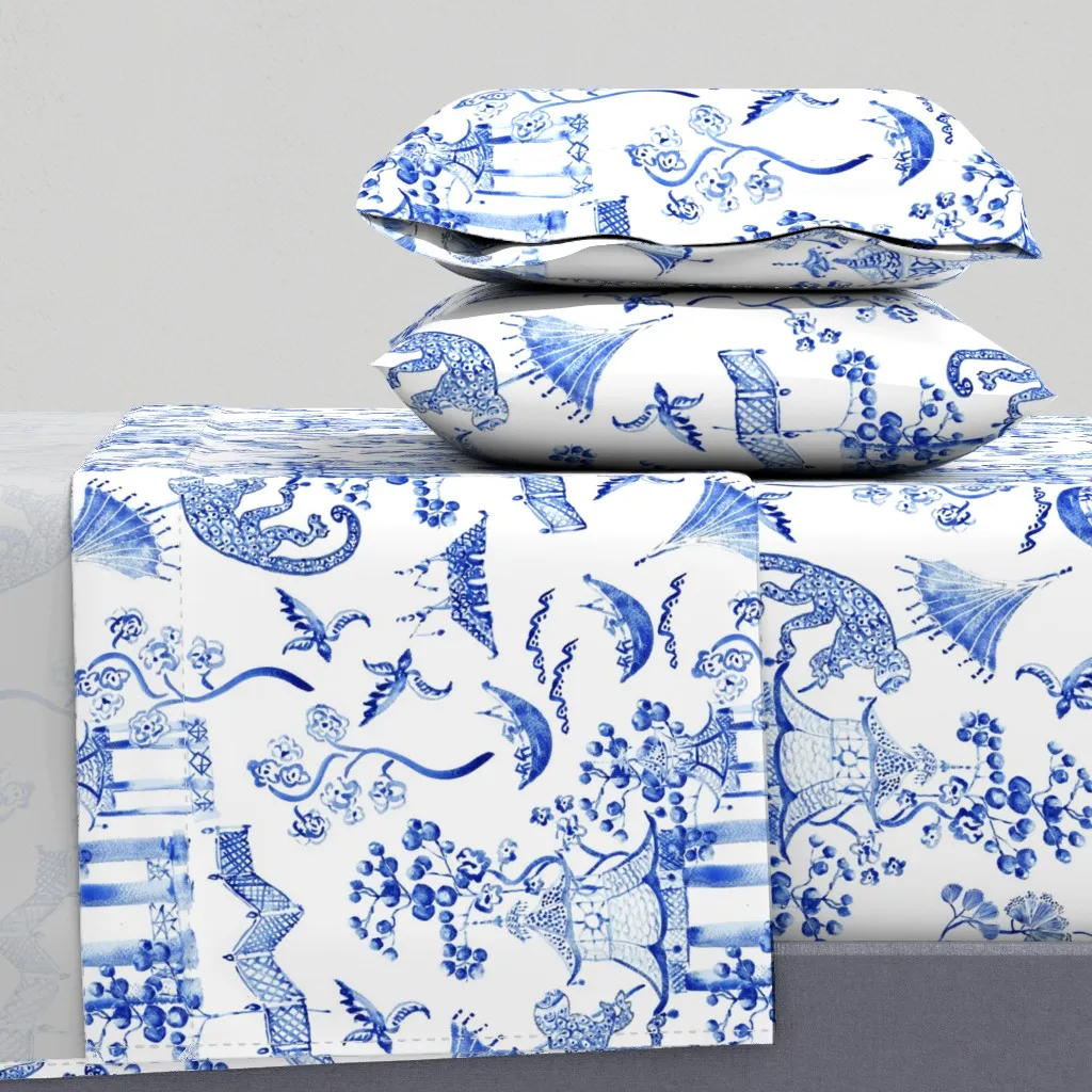 Hand Painted Watercolor Chinoiserie Twin XL Sheet Set - Blue product