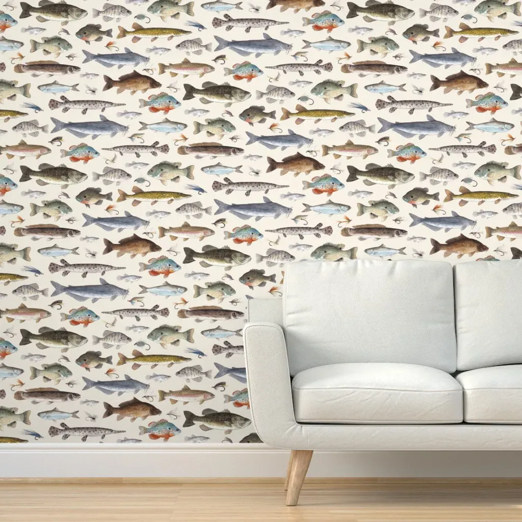 Hand Painted Watercolor Fish With Flies Peel and Stick Wallpaper - Cream product