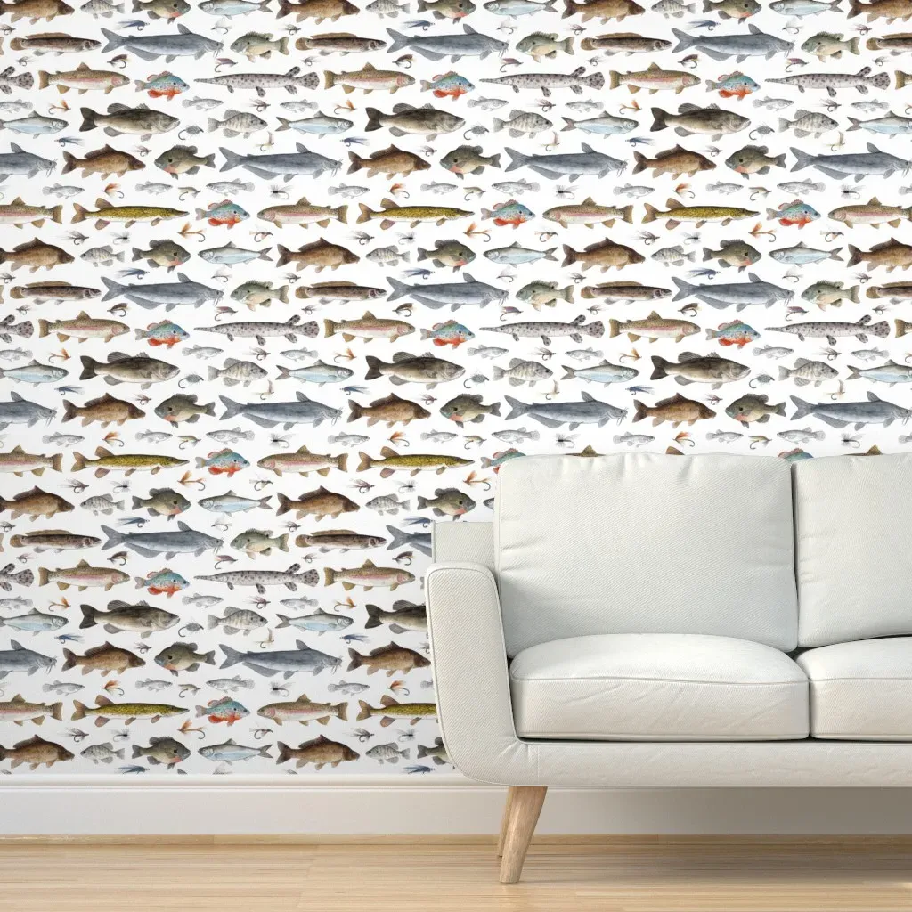 Hand Painted Watercolor Fish With Flies Peel and Stick Wallpaper - White product