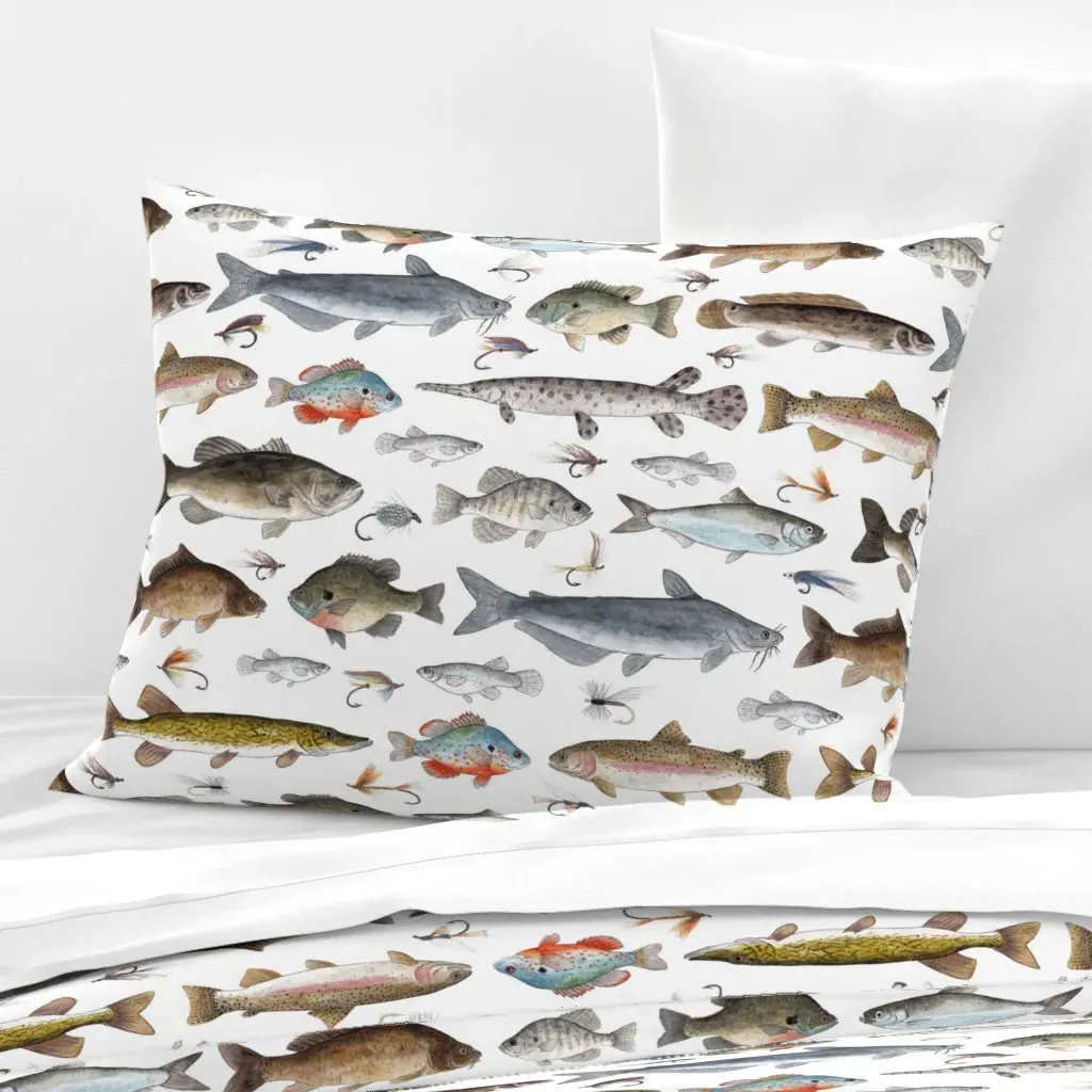 Hand Painted Watercolor Fish With Flies Standard Cushion Cover - White, Cotton Sateen product