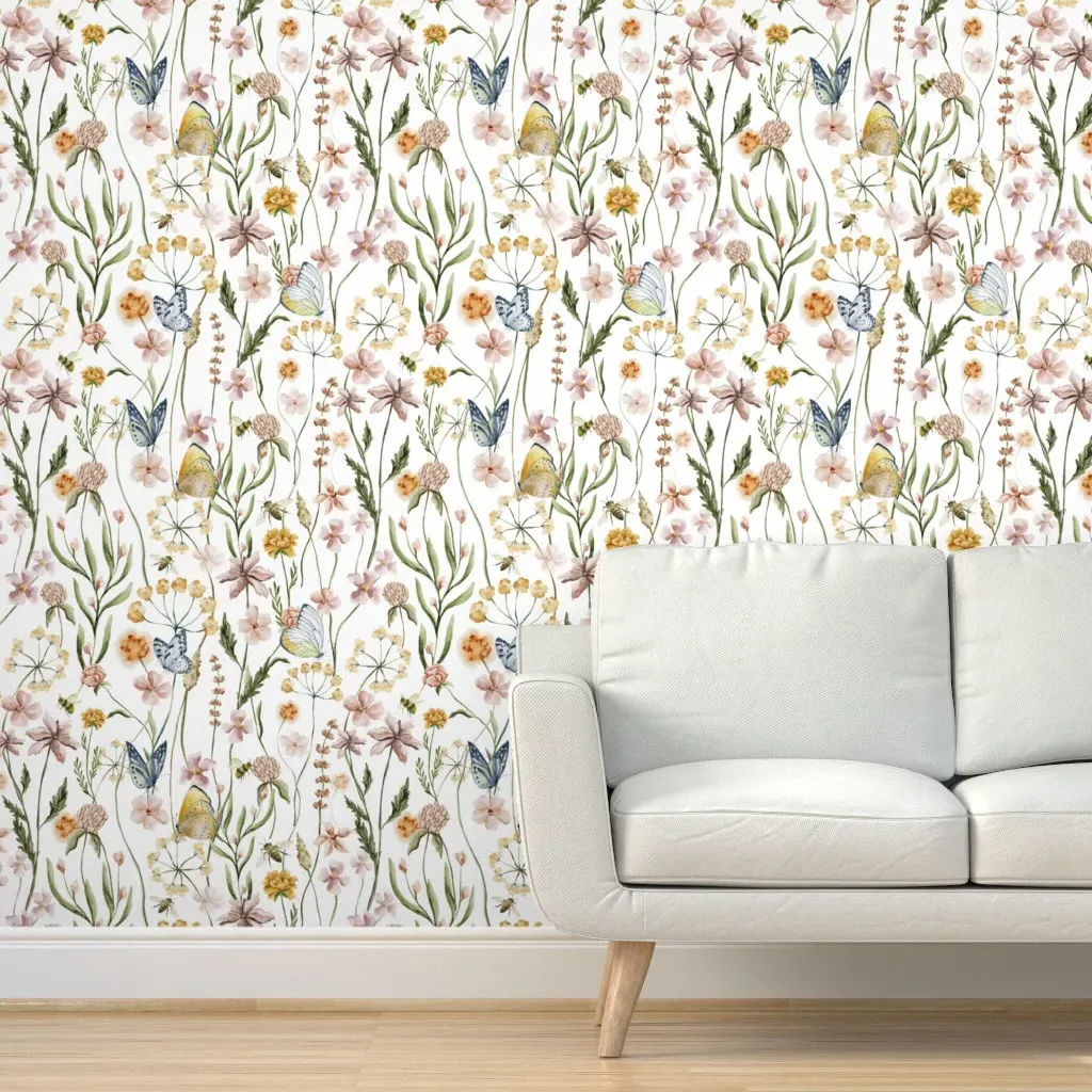 Hand Painted Watercolor Ikebana Peel and Stick Wallpaper - Pink product