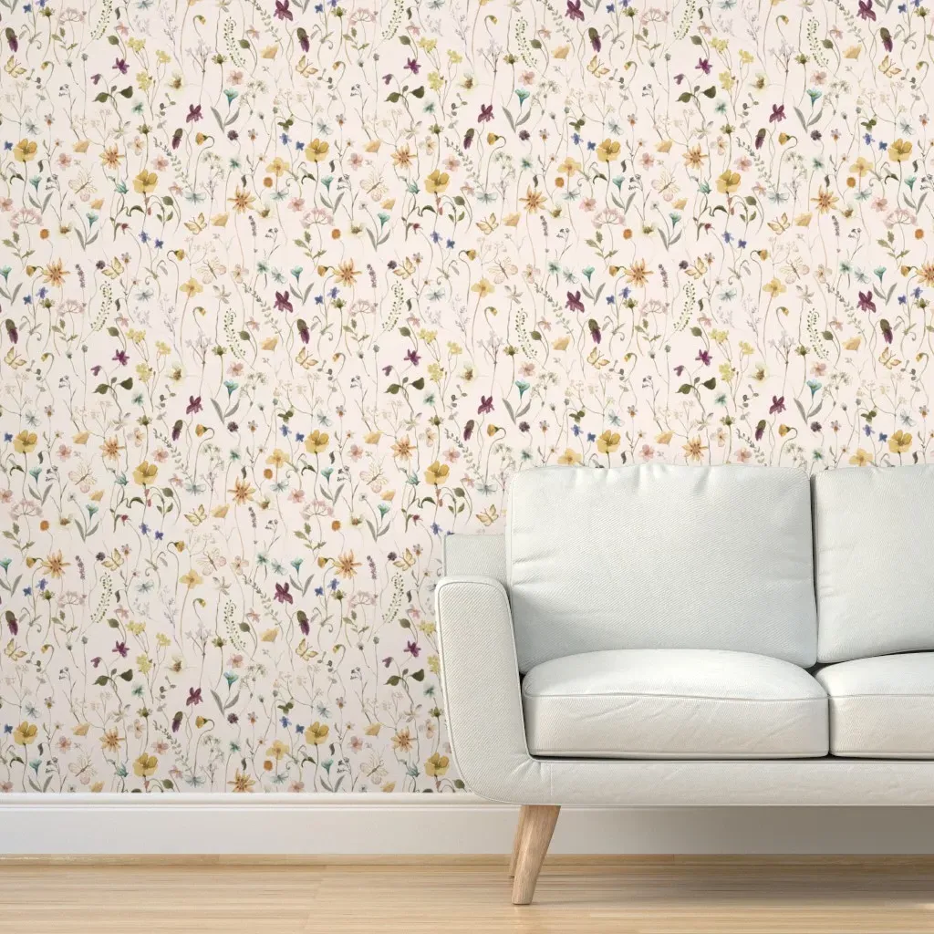 Hand Painted Watercolor Ikebana Wildflowers Meadow Peel and Stick Wallpaper - Off-White product