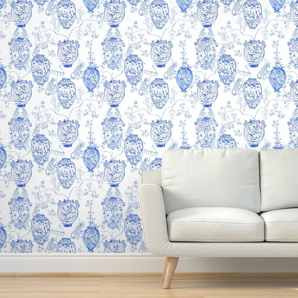 Handpainted Watercolour Chinoiserie Vases Peel and Stick Wallpaper - White, Blue product