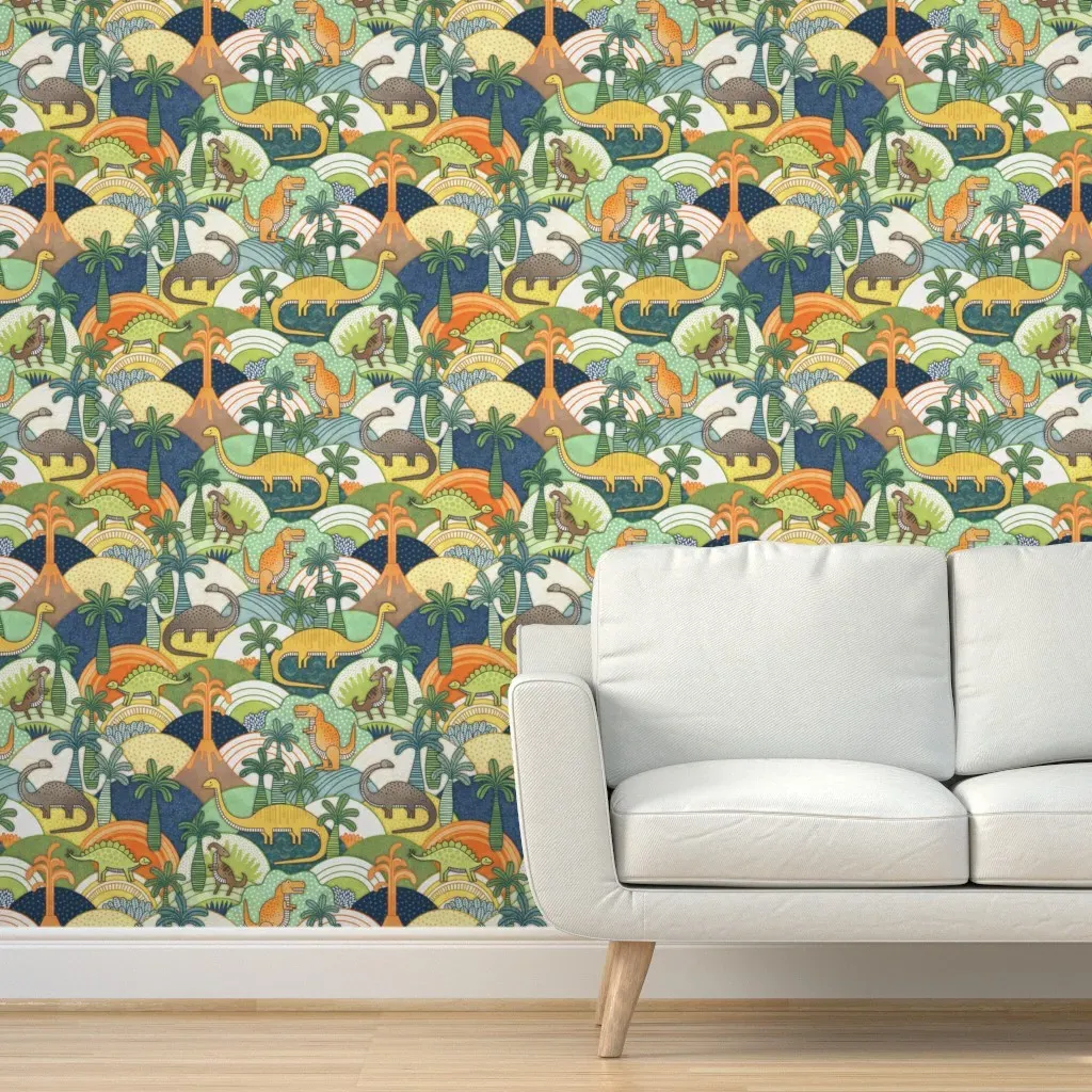 Happy Dinosaurs Large Scale Peel and Stick Wallpaper - Mustard Yellow product