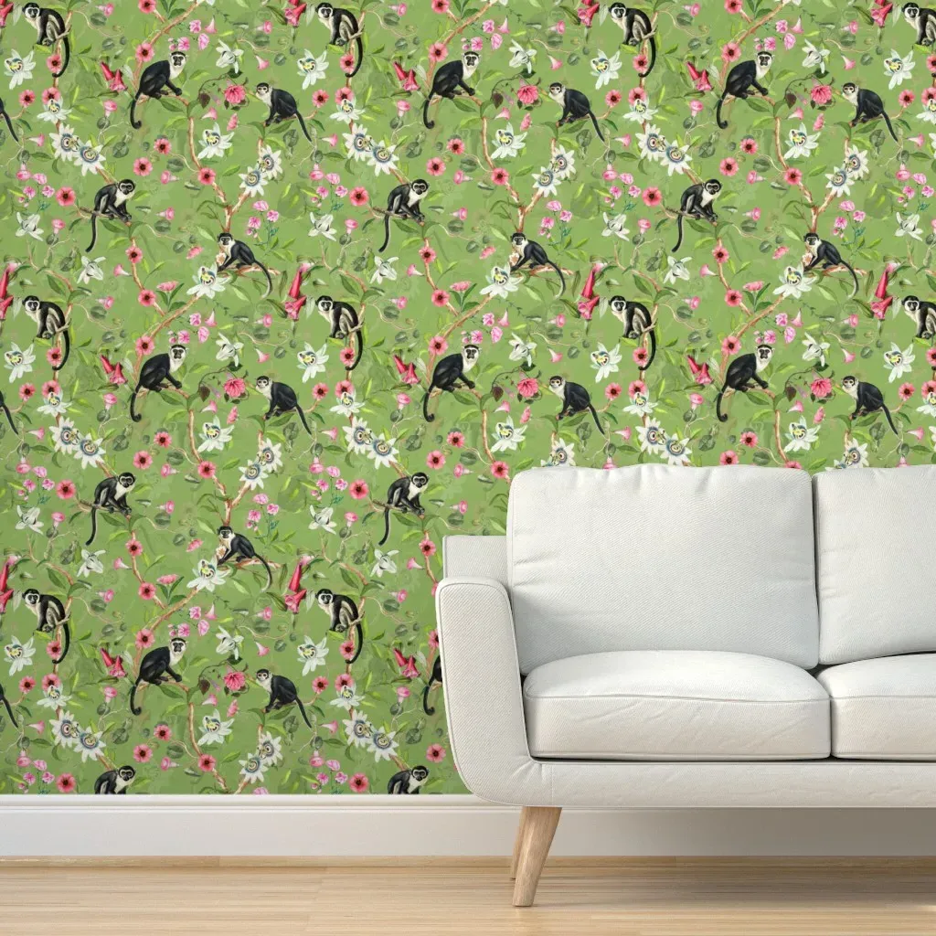 Happy Garden Party Chinoiserie Tropical Monkeys Peel and Stick Wallpaper - Sage Green product