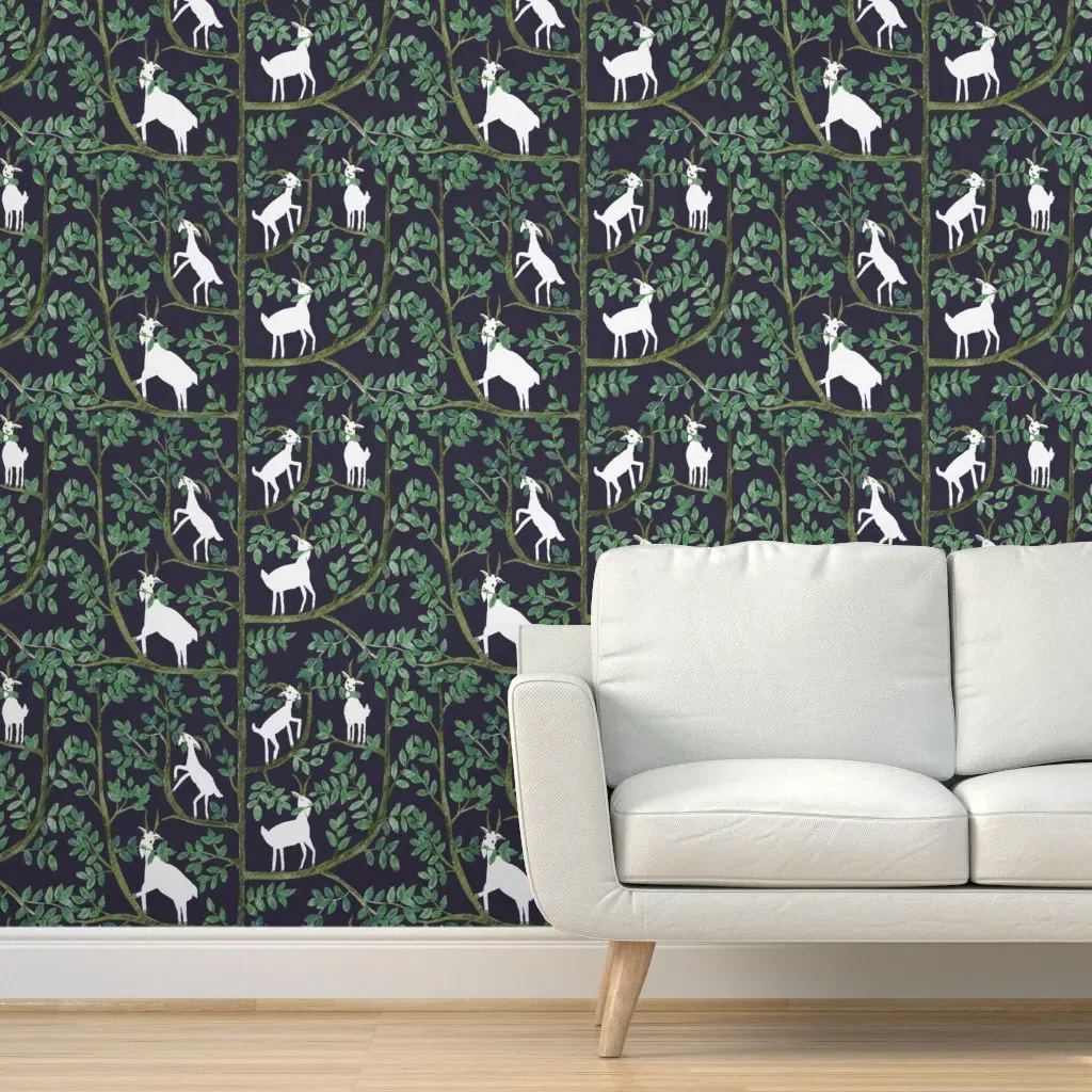Happy Goat-Together In Trees Peel and Stick Wallpaper - White product