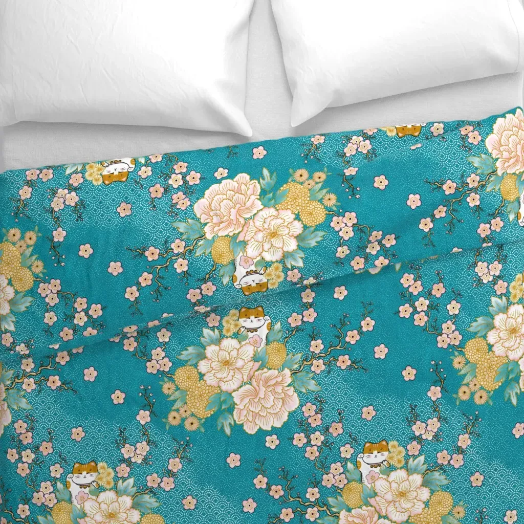 Happy Neko Blooms Duvet Cover - Teal alternate view