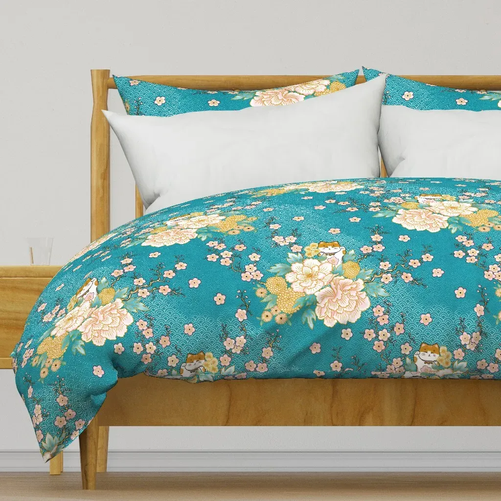 Happy Neko Blooms Duvet Cover - Teal product