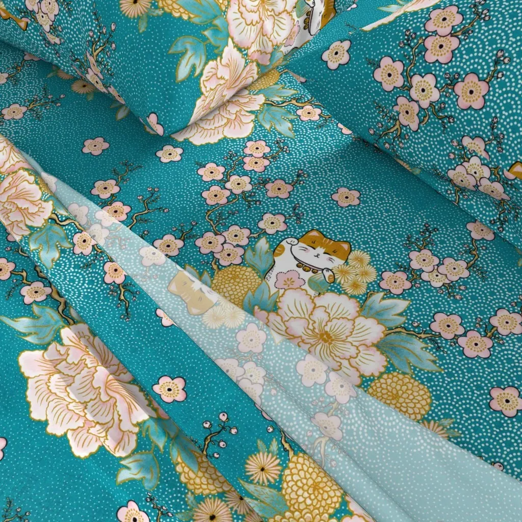 Happy Neko Blooms Twin XL Sheet Set - Teal alternate view