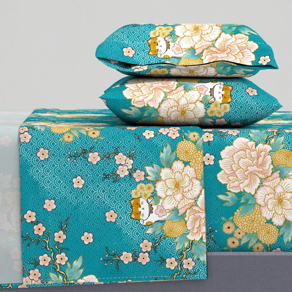 Happy Neko Blooms Twin XL Sheet Set - Teal product