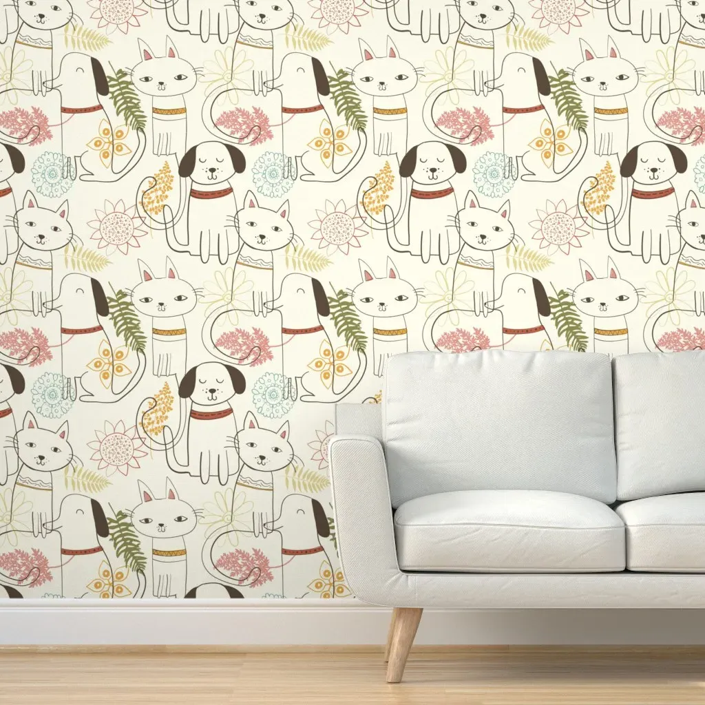 Happy Puppies And Kitties Peel and Stick Wallpaper - Off-White product