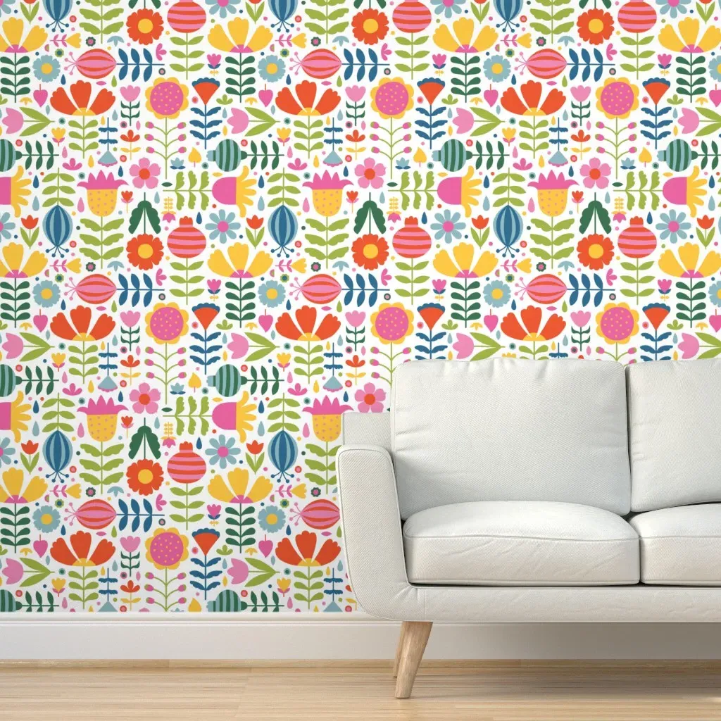 Happy Scandinavian Flowers Peel and Stick Wallpaper - Green, Pink product
