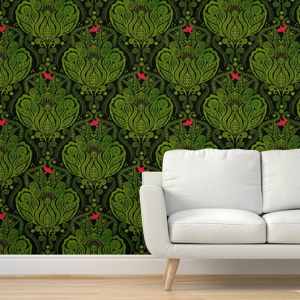 Hapuu Fern Damask Iiwi Bird Peel and Stick Wallpaper - Green, Black product