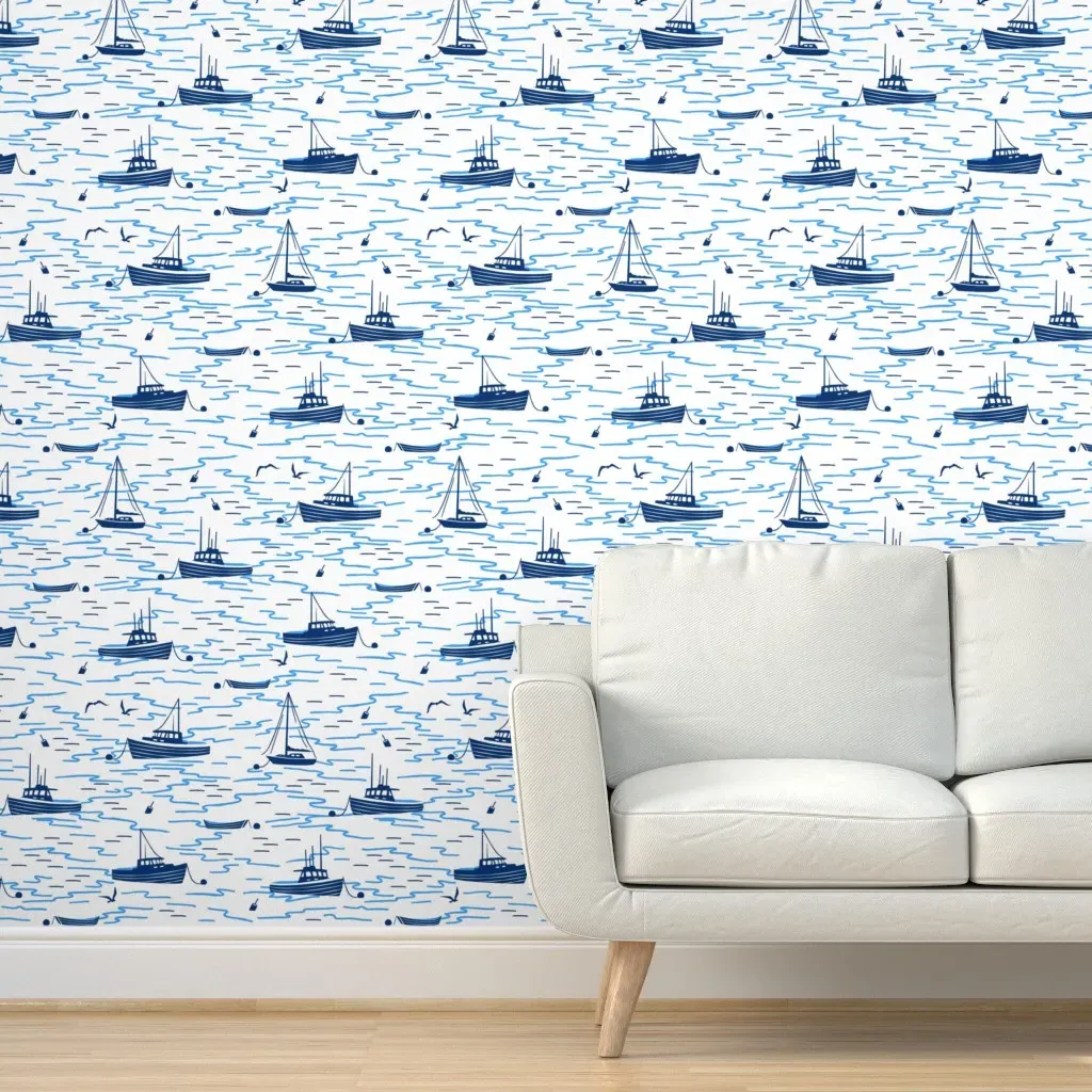Harbor Boats Peel and Stick Wallpaper - White, Navy Blue product