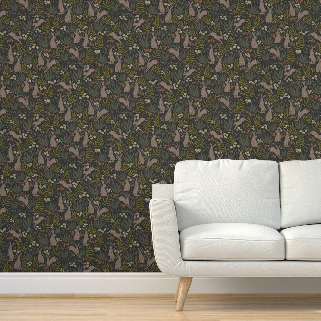 Hares And Ferns Taralanglois Peel and Stick Wallpaper - Dark Green product