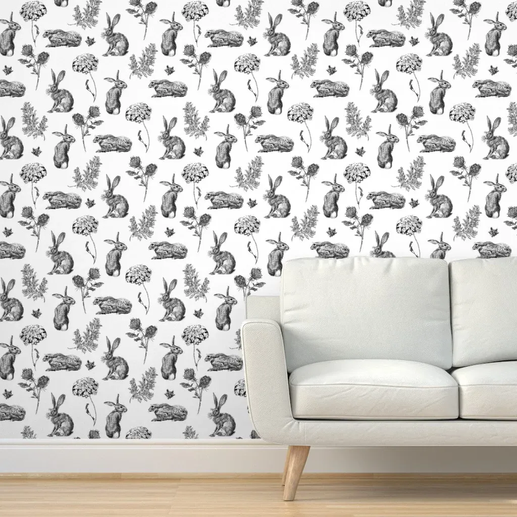 Hares With Carrot Flowers and Leaves Peel and Stick Wallpaper - Black product