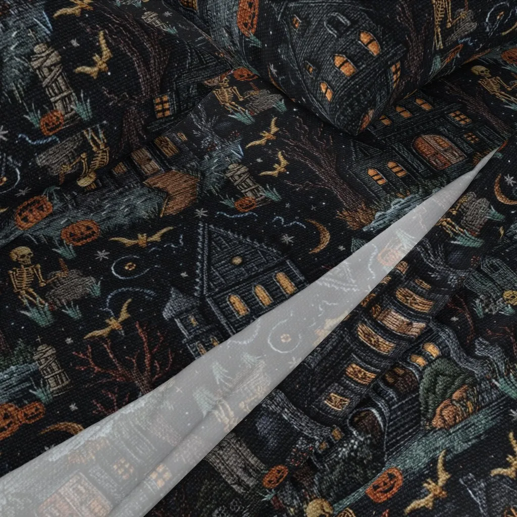 Haunted House Halloween Embroidery King Sheet Set - Dark Teal alternate view