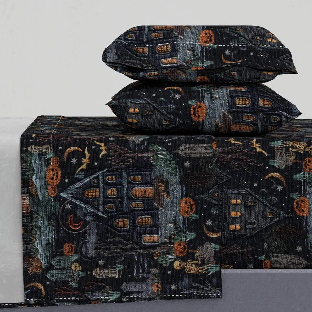 Haunted House Halloween Embroidery King Sheet Set - Dark Teal product