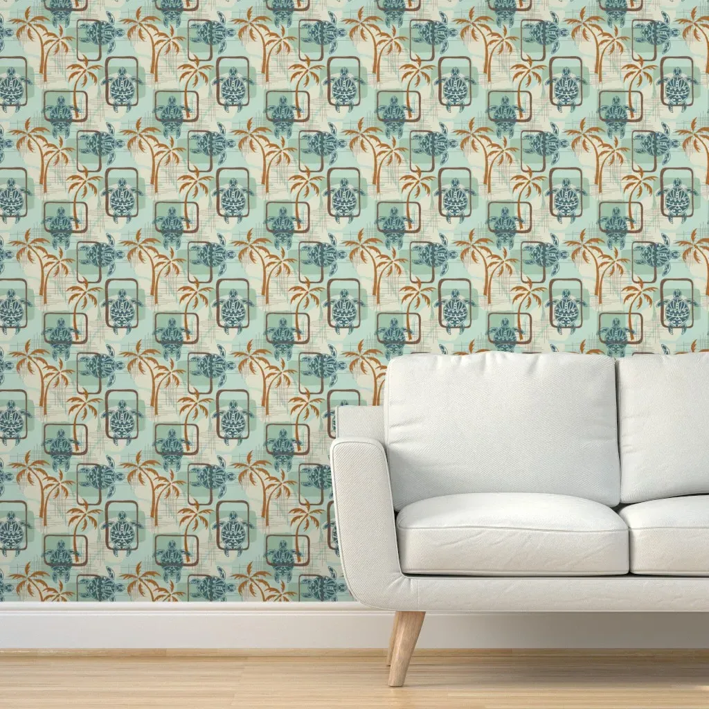 Hawaii Turtles Palm Trees Peel and Stick Wallpaper - Blue product