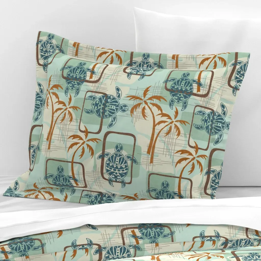 Hawaii Turtles Palm Trees Standard Flanged Cushion - Teal, Cotton Sateen product