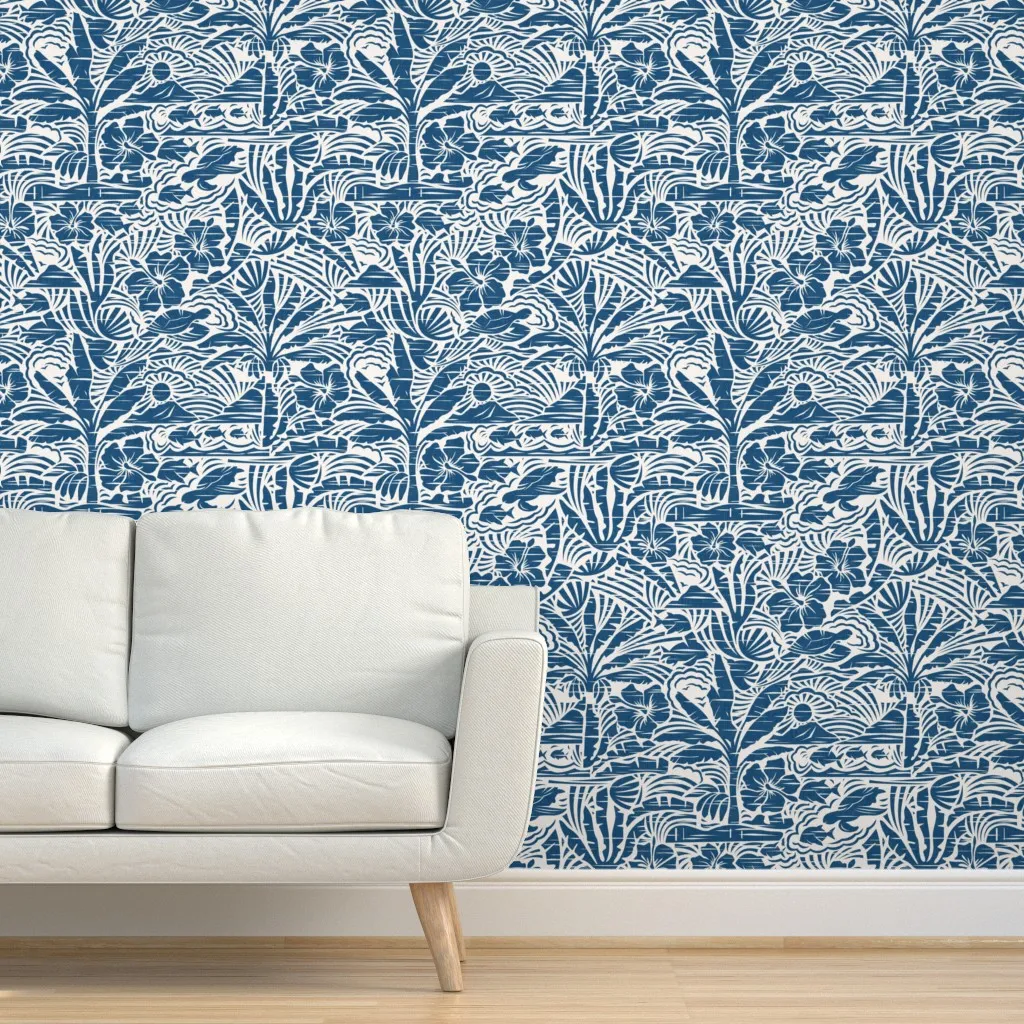 Hawaiian Block Print Peel and Stick Wallpaper - Navy Blue, Ivory product
