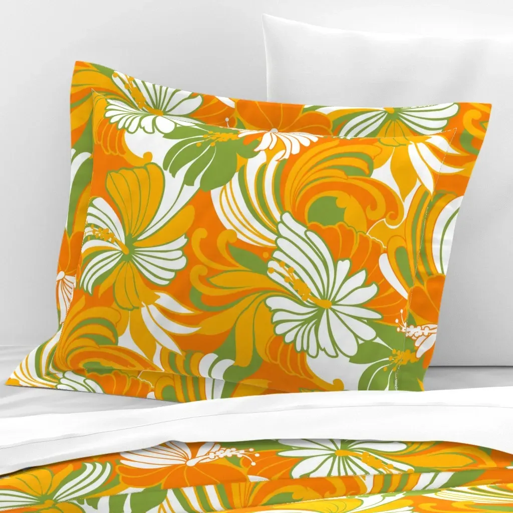Hawaiian Hibiscus Muu Muu Print Standard Flanged Cushion - Orange, Cotton Sateen product