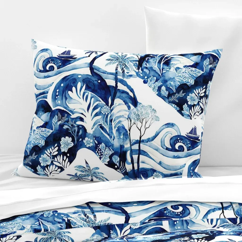 Hawaiian Islands Scenes by Kedoki Standard Pillow Sham - Blue, Cotton Sateen product