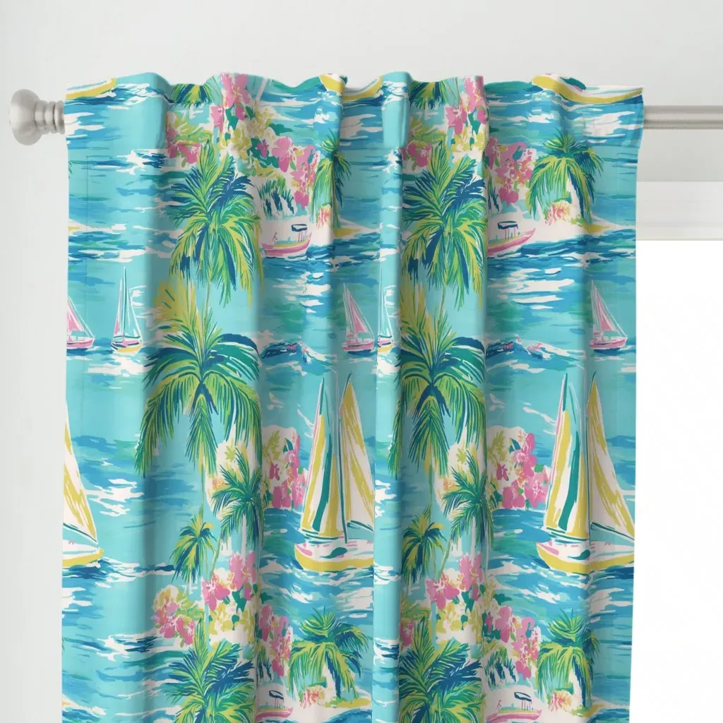 Hawaiian Style 3-Panel Curtain - Turquoise alternate view