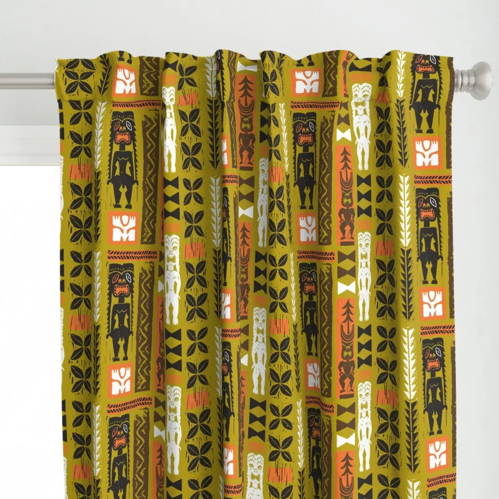 Hawaiian Tikis 3A Curtain Panel - Olive Green alternate view