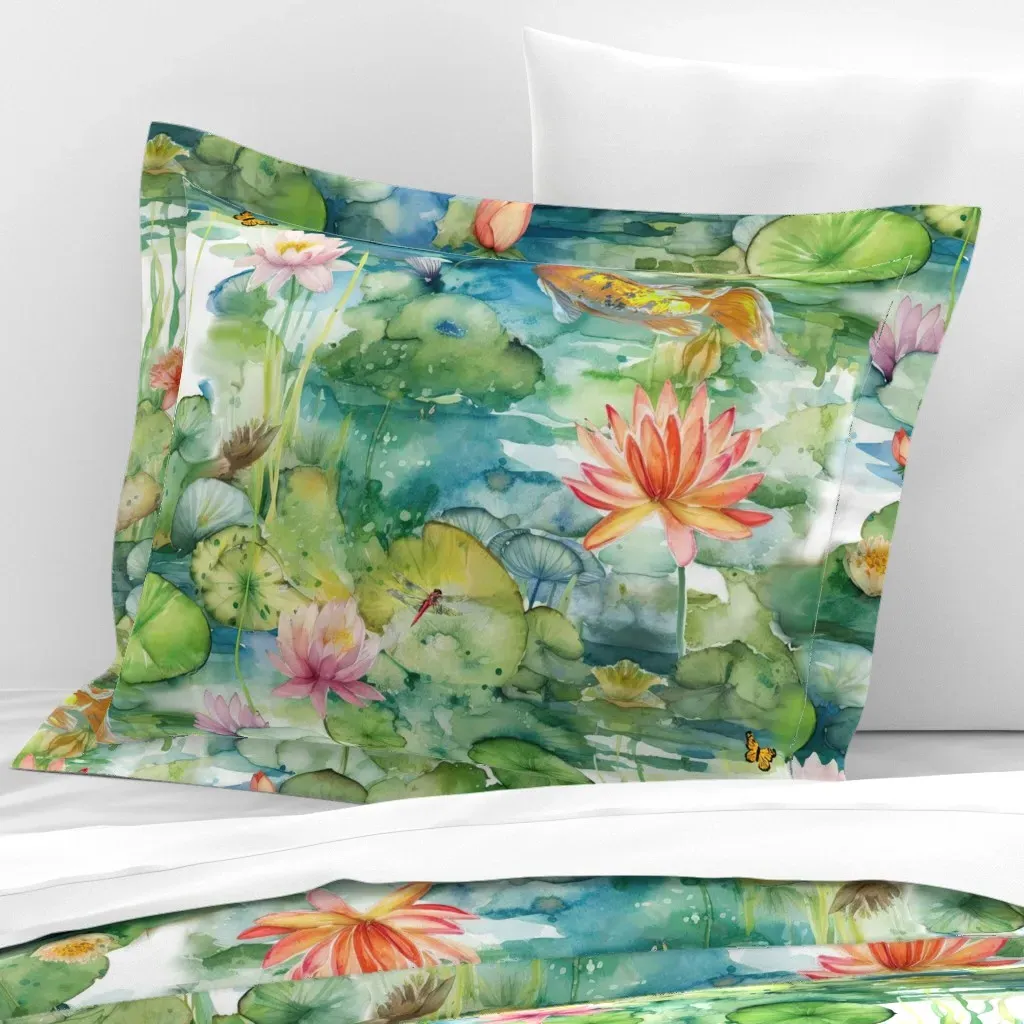 Hawaiian Water Lily Pond Dragonfly Koi Standard Pillow Sham - Green, Cotton Sateen product