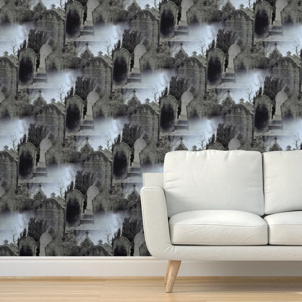 Haworth Graveyard In The Mist Peel and Stick Wallpaper - Gray, Blue product