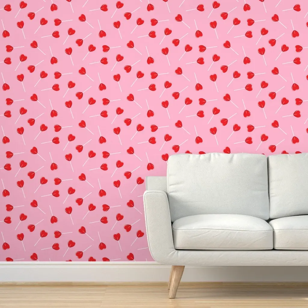 Heart Shaped Suckers Lollipops Peel and Stick Wallpaper - Red, Pink product