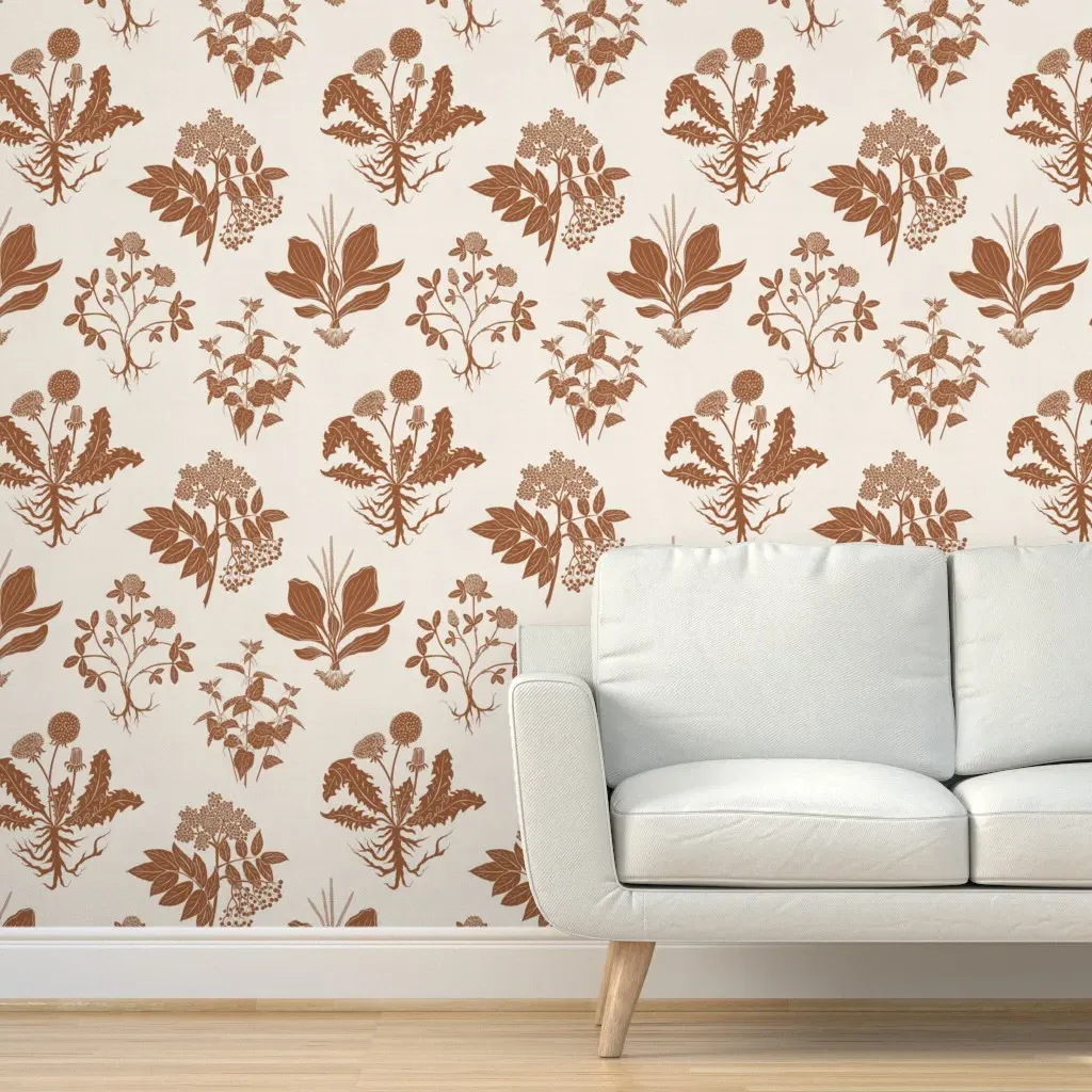 Herbal Block Print Peel and Stick Wallpaper - Burnt Orange, Ivory product