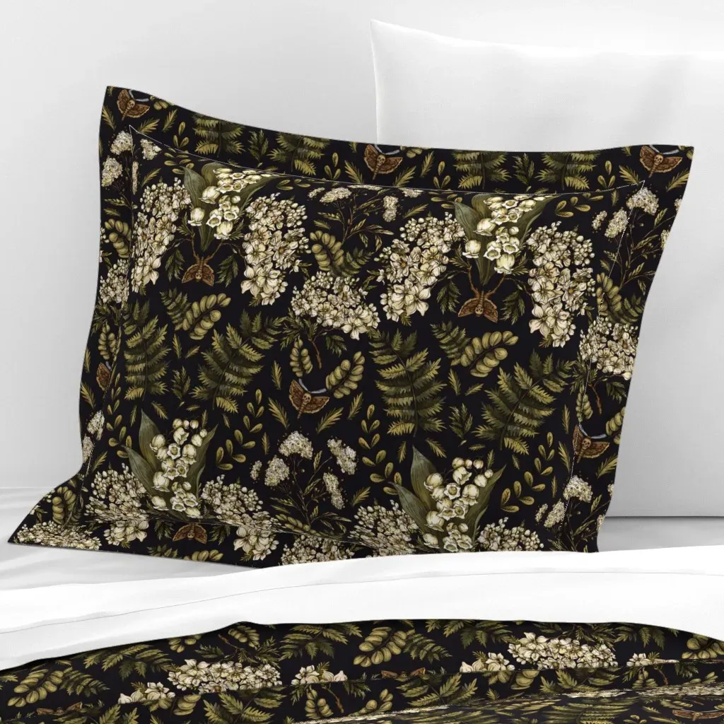 Herbs And Flowers On Black Standard Flanged Pillow - White, Cotton Sateen product