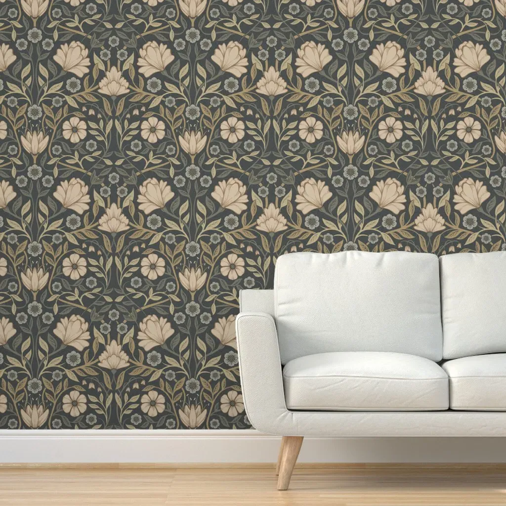 Heritage Bloom Floral Peel and Stick Wallpaper - Gray Beige by Spoonflower