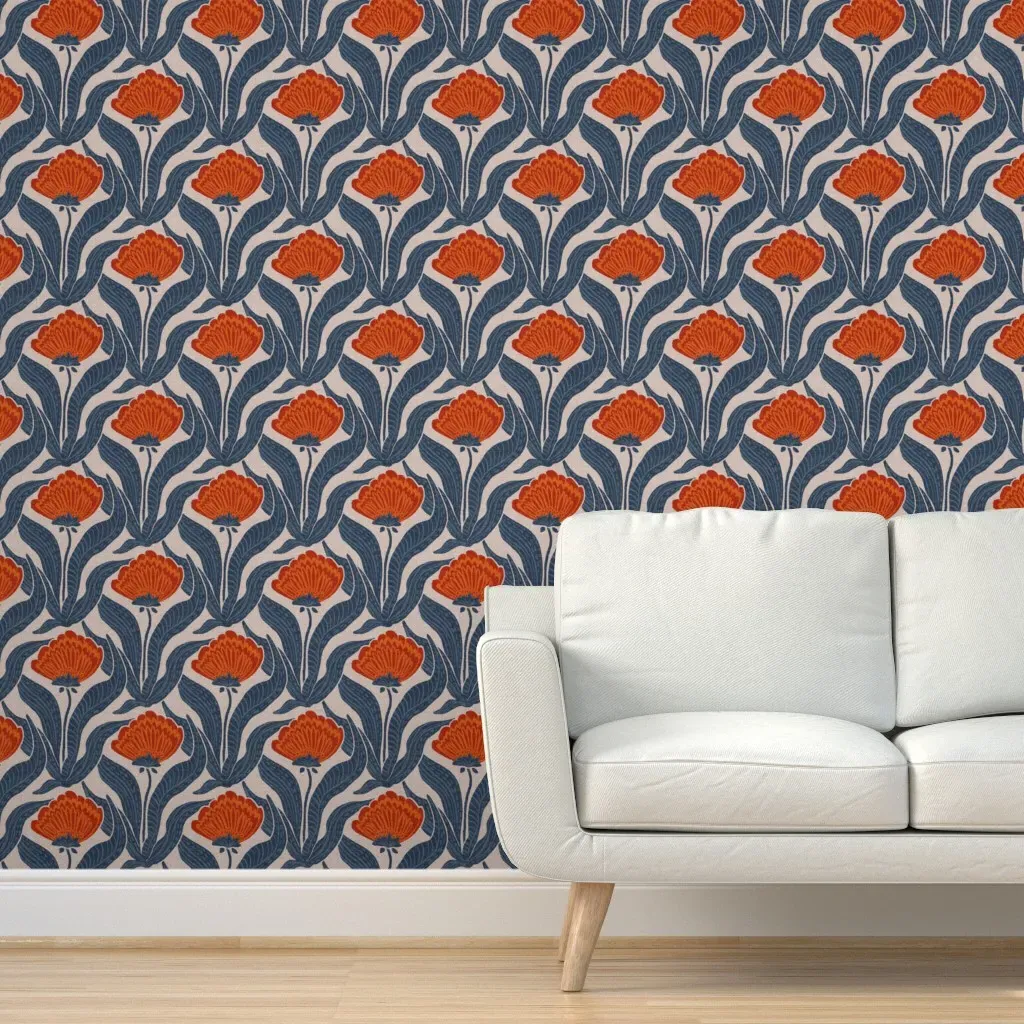 Heritage Farmhouse Floral Blockprint Peel and Stick Wallpaper - Red, Navy Blue product
