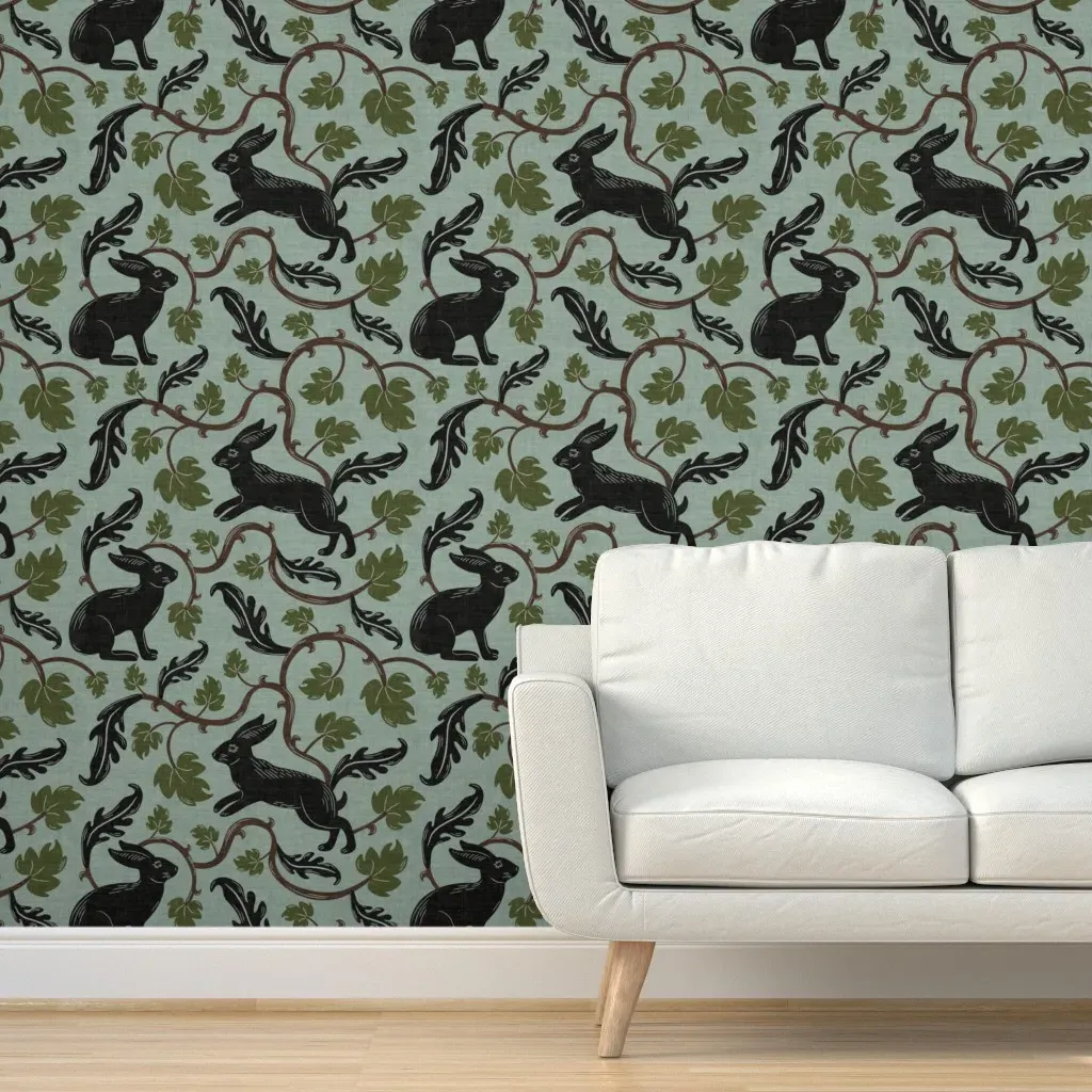 Heritage Revival Block Print Woodland Rabbit Peel and Stick Wallpaper - Sage product