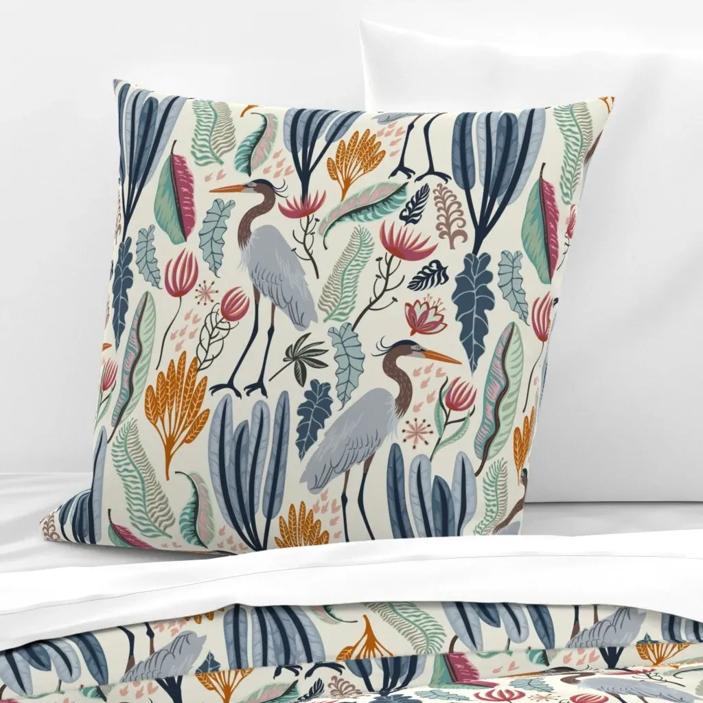 Heron And Plants Euro Pillow Sham - Gray-Blue product