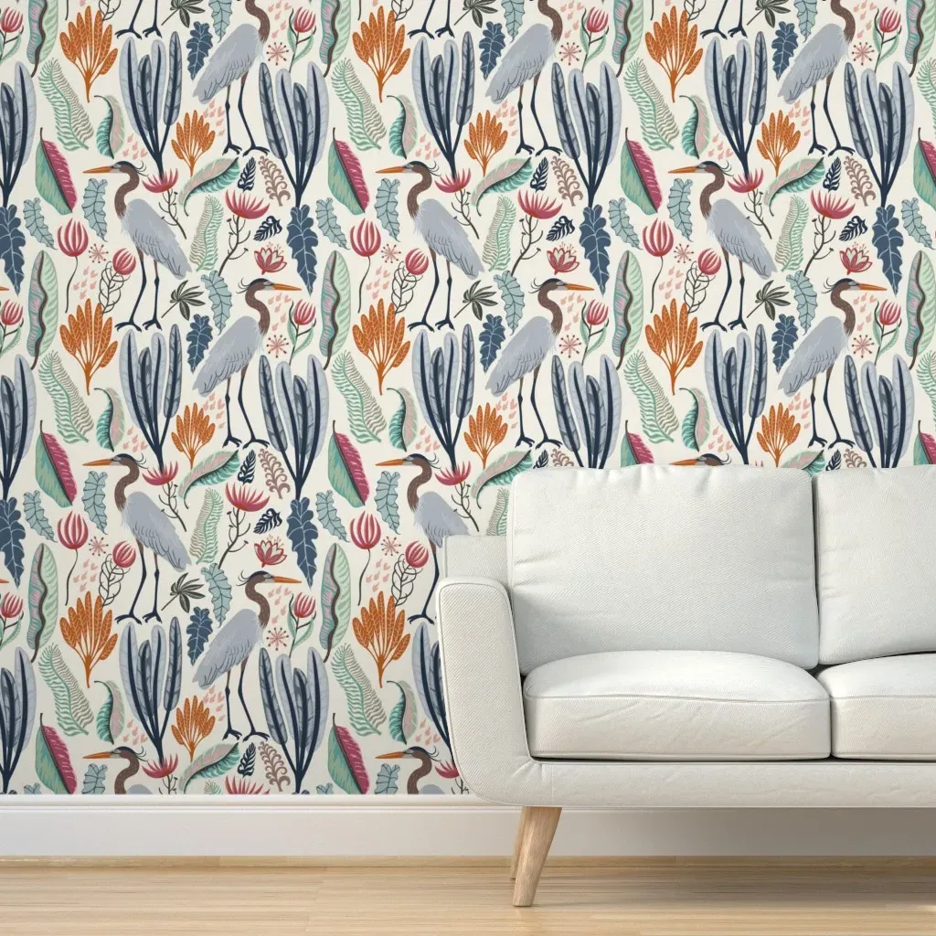 Heron And Plants Peel and Stick Wallpaper - Blue-Gray product