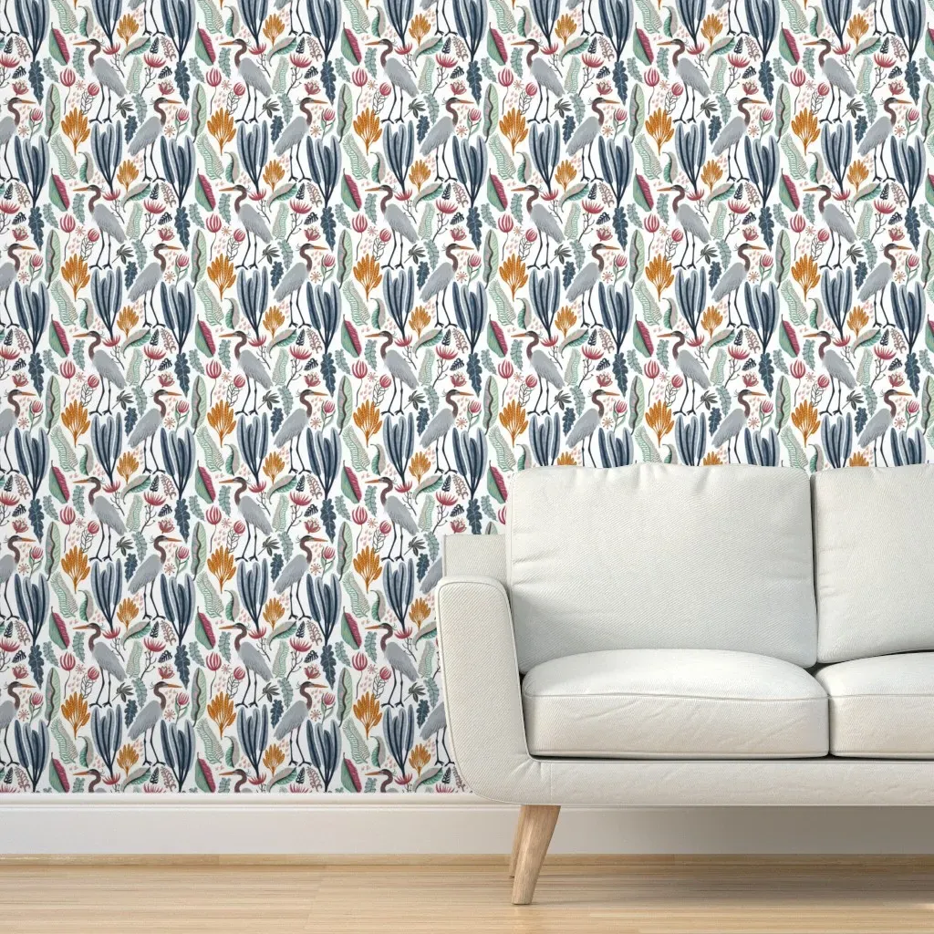 Heron And Plants Peel and Stick Wallpaper - Blue-Gray product