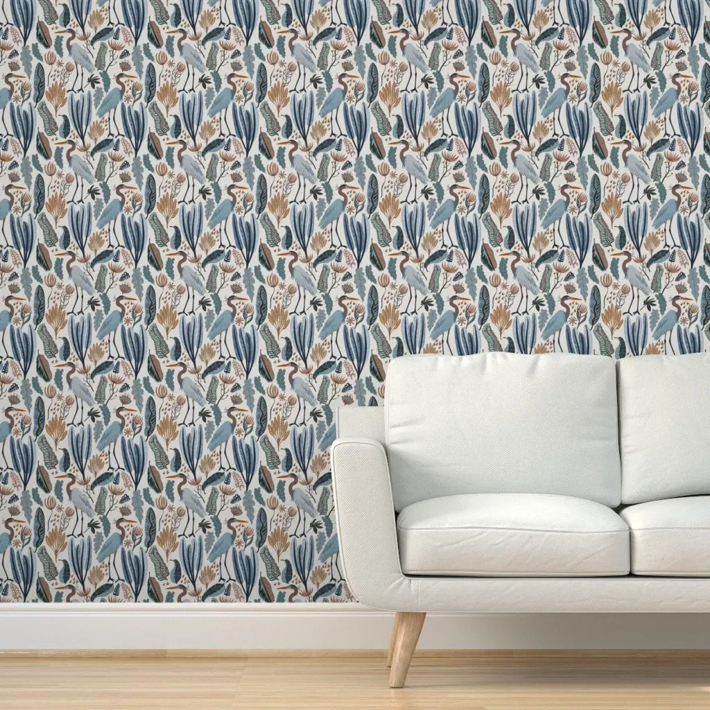 Heron And Plants Peel and Stick Wallpaper - Blue-Gray product