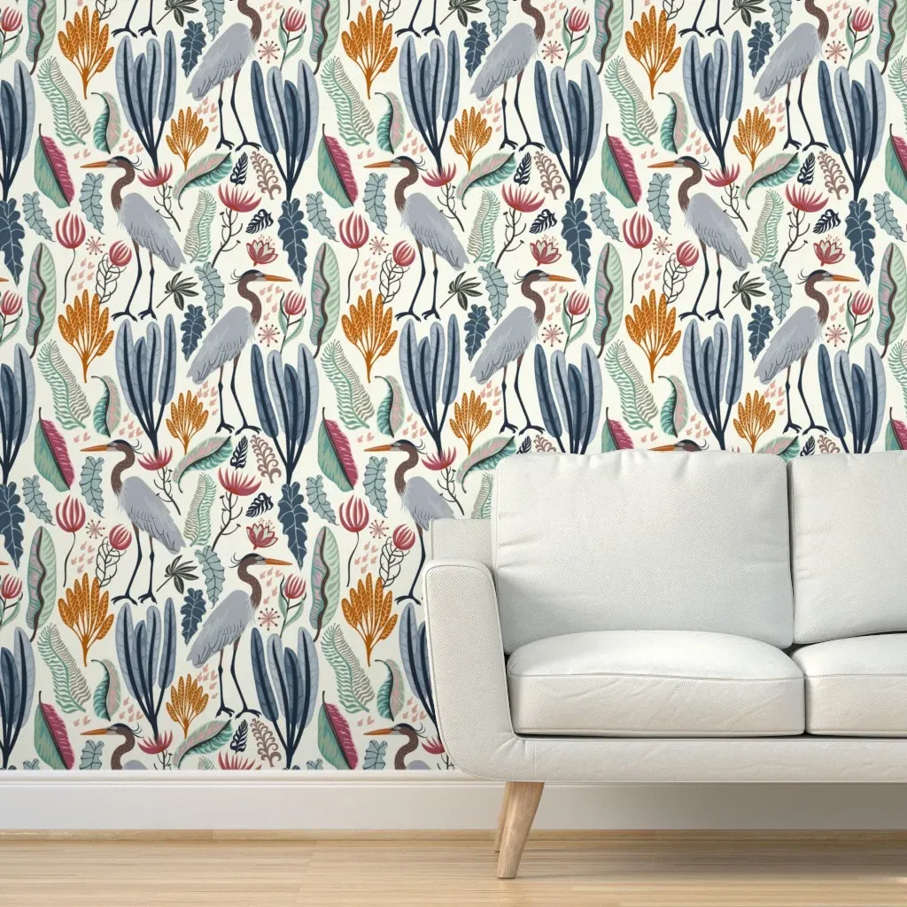 Heron And Plants Peel and Stick Wallpaper - Gray-Blue product