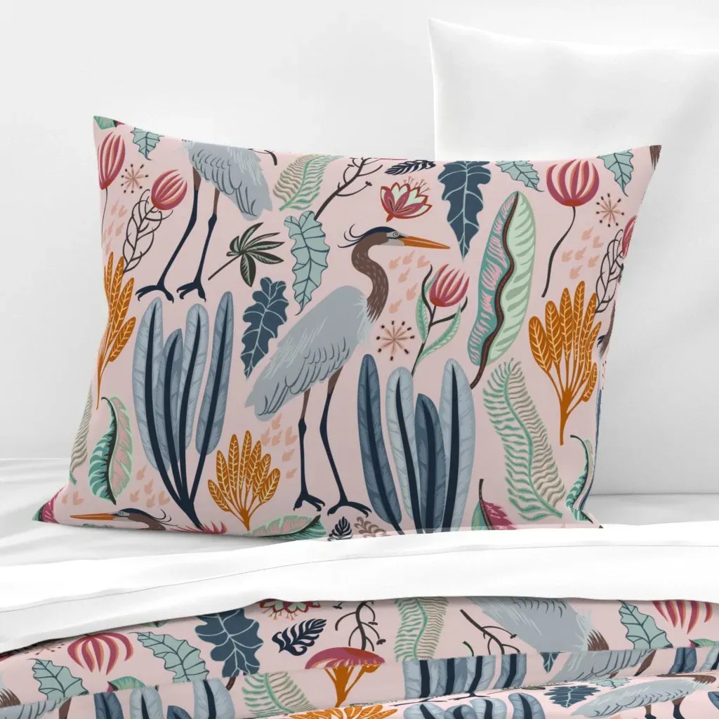 Heron And Plants Standard Knife Edge Cushion - Gray-Blue, Cotton Sateen product