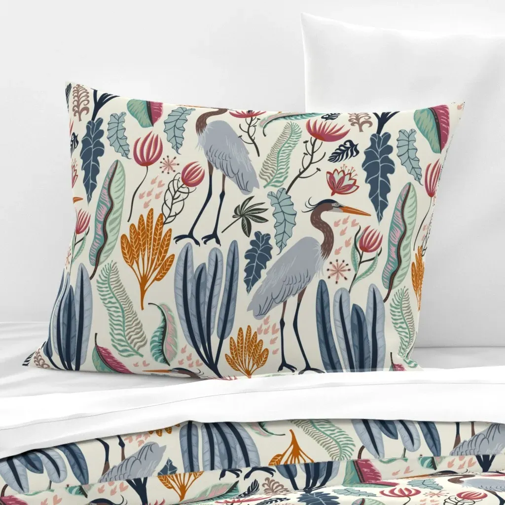 Heron And Plants Standard Knife Edge Pillow - Gray-Blue, Cotton Sateen product