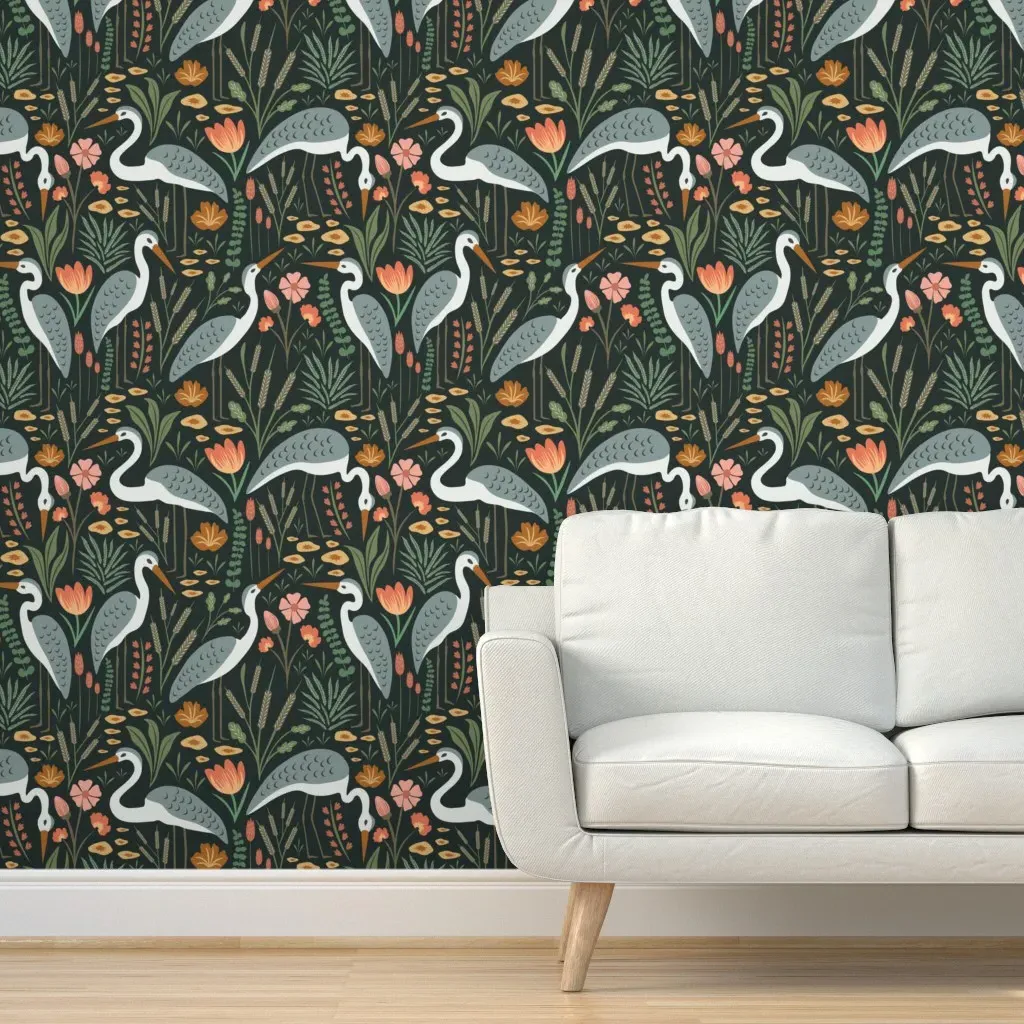Heron And Swamp Plants Peel and Stick Wallpaper - Gray-Blue product