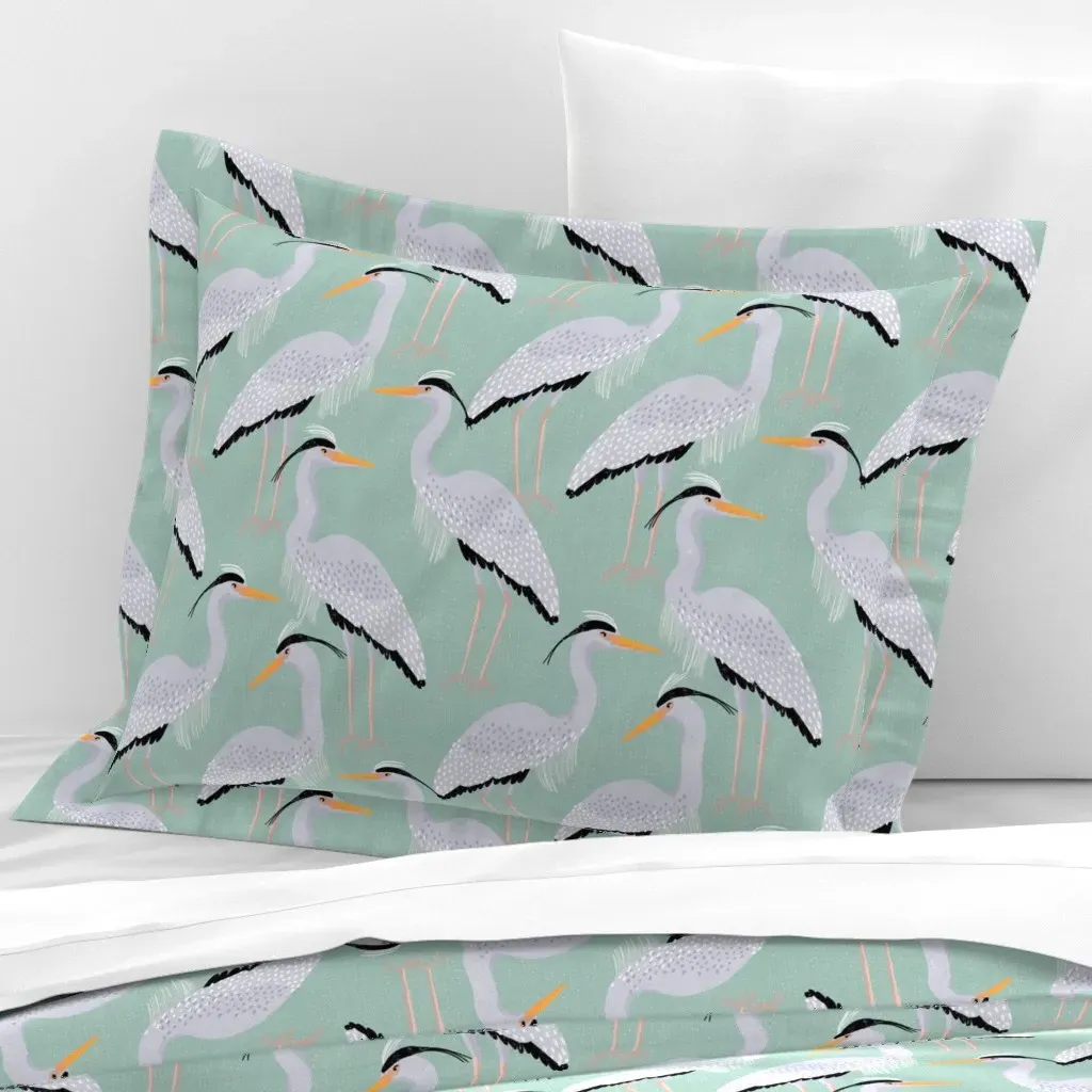 Heron Birds Coastal Standard Flanged Cushion Cover - Teal, Cotton Sateen product