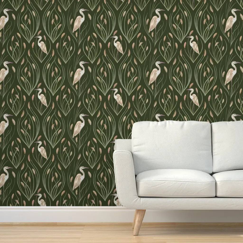 Heron & Grasses Peel and Stick Wallpaper - Forest Green product