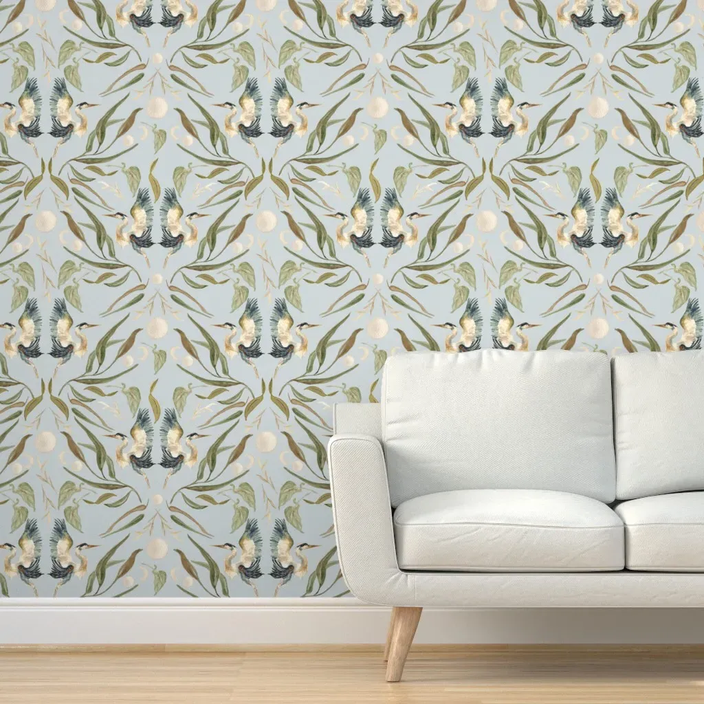 Heron Moons Birds Coastal Peel and Stick Wallpaper - Gray-Blue product
