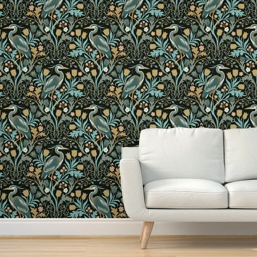 Heron Tulips Botanical Vines Peel and Stick Wallpaper - Teal product